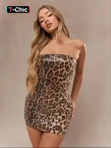 Women's Leopard Pattern Sequins Tube Dress, Elegant Fashion Strapless Short Dress for Party Club Dating Wear, Women Dress for Summer, Evening Party Dresses, Womenswear