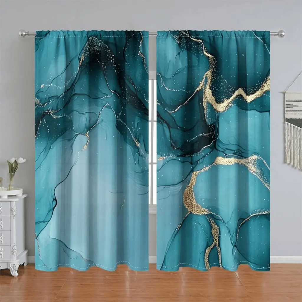 2Pcs Teal Blue Gold Abstract Art Curtains, Modern Gradient Marble Texture Semi Sunshade Panel, Pole Pocket Style for Living Room, Bedroom, Balcony, Kitchen, Study, Shower Window Decoration, Accessory, Anti Privacy, Home Textile, Window Drapes