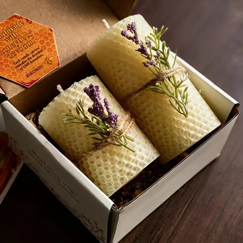 Handmade Beeswax Candles 2-Count, Pure Beeswax Pillar Candles, 10*5 cm+7.5*5 cm, Scented Candle, Aroma Candle, Floral Candle, Aromatic Candle, Home Decoration & Housewarming Gifts, Ideal Gifts for Black History Month, Mardi Gras & Ramadan