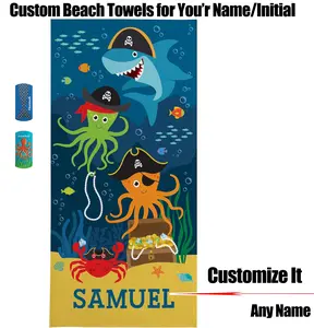 Kids Personalized Bath/Beach Towel Custom with Your Name for Pool Vacation Spring Break Camp Cruise, Super Strong Absorbent, Microfiber, 30 In x 60 In, Colorful Sea Creature Pirates
