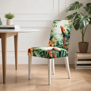 4/5/6/7pcs Tropical Parrot and Flora Scene Chair Cover And Tablecloth Set, Easy to Install & Wash, Suitable for Camping, Parties, Kitchen, Indoor Decor & Gift Option