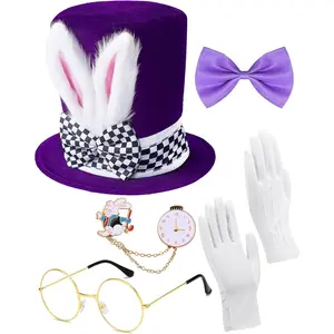 White  Costume Bunny Ear Top Hat Rabbits Ears Topper Plush Hat Mad Hatter Set for Easter Halloween  Accessories