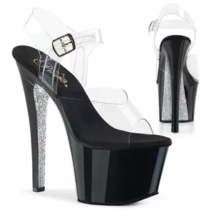 Pleaser Sky-308CRS Women's Fashion High Heel Footwear - Clear/Black-Silver Decor Platform Sandals, All-Seasons Dress Shoes