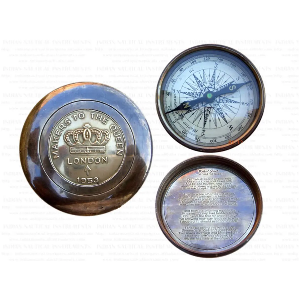 212 MAIN Handcrafted Antique Brass Compass - Queen's Makers' Replica with Engraved Poem, Detachable Lid, Leather Case - Camping Navigation Gear, Unique Camping Accessories