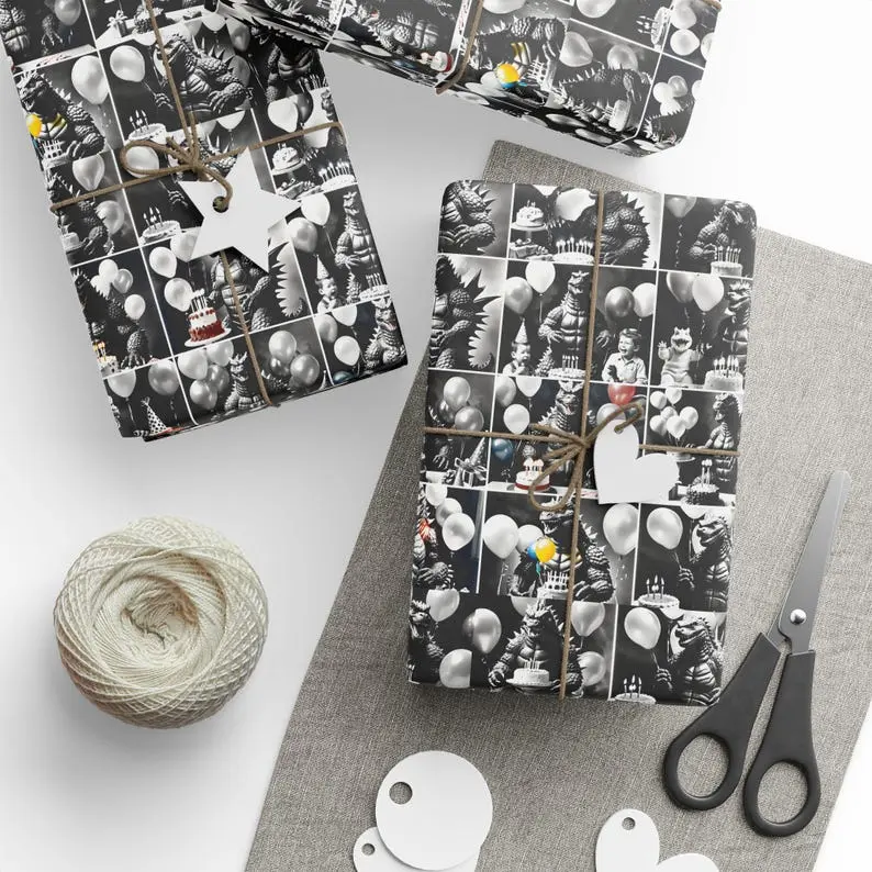 Vintage Godzilla Birthday Wrapping Paper, funny birthday Wrapping Paper, Retro Birthday Paper, cool wrapping paper, monster birthday