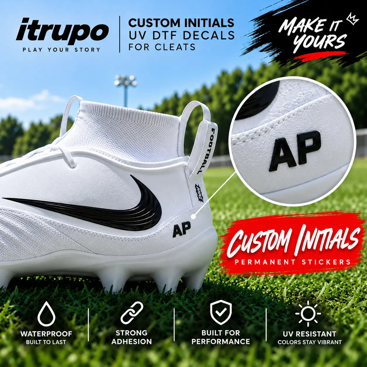 Custom Initials Transfer Decal Stickers (Set of 2) - Waterproof, UV-Resistant, Durable - Personal Cleat ID, Express Your Initial, Game-Ready for Sports Cleats, Glove & Helmet Use
