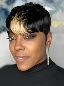 Pixie Cut Straight Human Hair Wig for Women 1B/613 Color Wig Full Machine Made Wig Halloween Wig 150% Density Pixie Cut Wigs