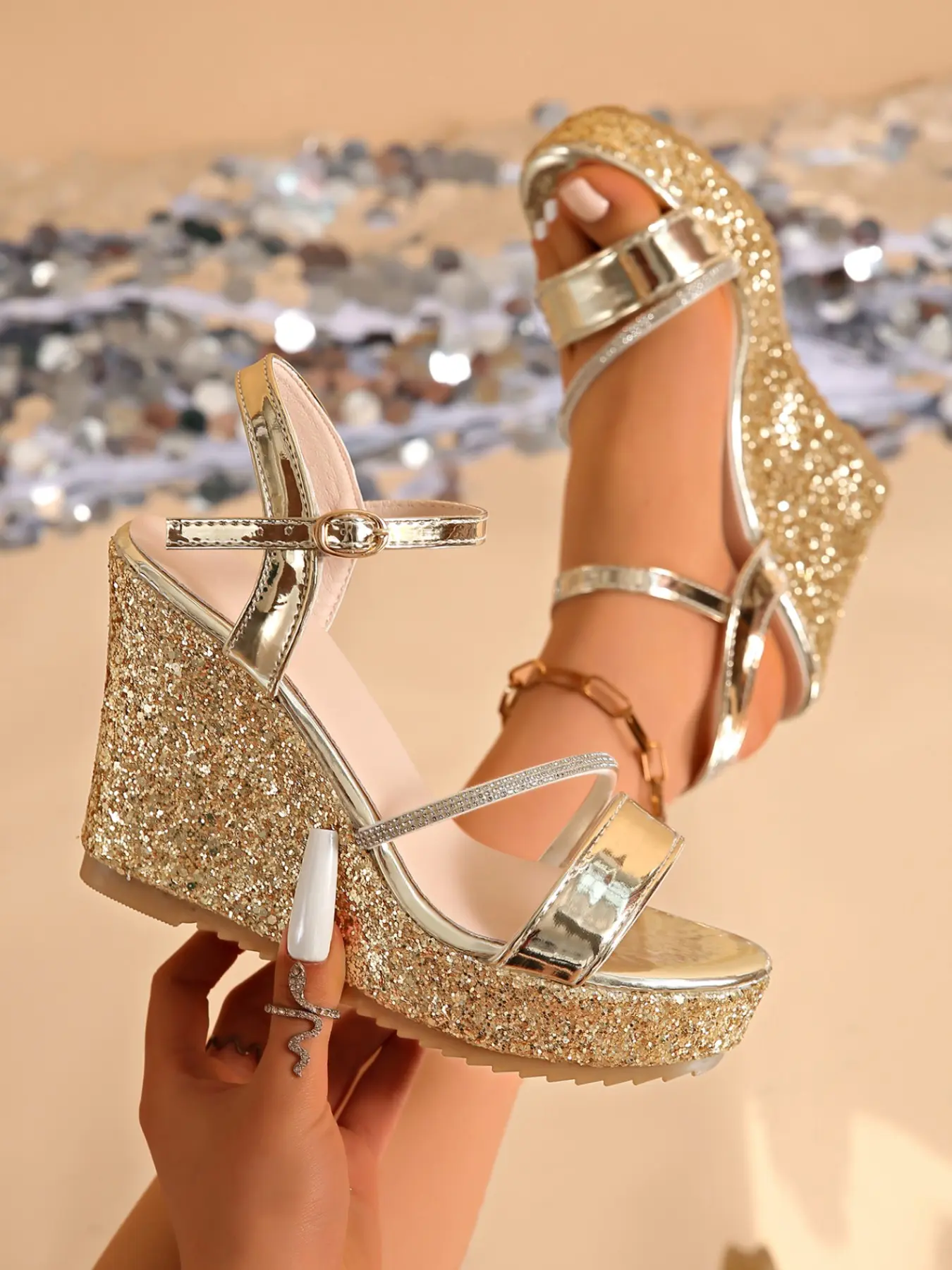 Women's Fashion Stylish Rhinestone Wedge Sandals, Open Toe Design, Casual Style, Suitable for Commute, Dates, Parties, Less Than Ankle Height