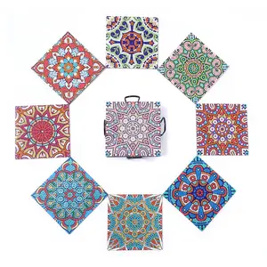 8-piece square artificial diamond painted coasters with mandala patterns, DIY crystal diamond painted wooden table art coasters with stands, Diamond Painting Coasters, suitable for adult office coffee MATS, family coasters, handicrafts, supplies and gifts