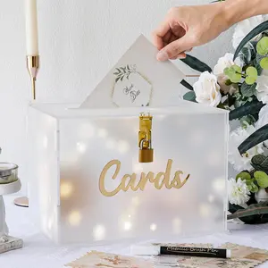 Frosted Acrylic Wedding Card Box with Lock, DIY Gift Card Box for Wedding Reception, Envelope Money Card Box for Party Birthday Graduation Baby Shower Decor