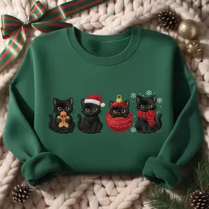 [MADE IN US] Embroidered Christmas Black Cats Sweatshirt, Cute Holiday Cat Lover Sweater, Festive Kitty Crewneck, Funny Xmas Gift, Cozy Winter Cat Shirt