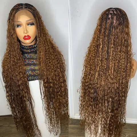 Synthetic Lace Front Honey Gold Boho Knotless Braided Wig - Long Natural Brown Hair, Stylish Design, Ideal for Casual Outings, Boho Braid Synthetic Lace Front Wigs