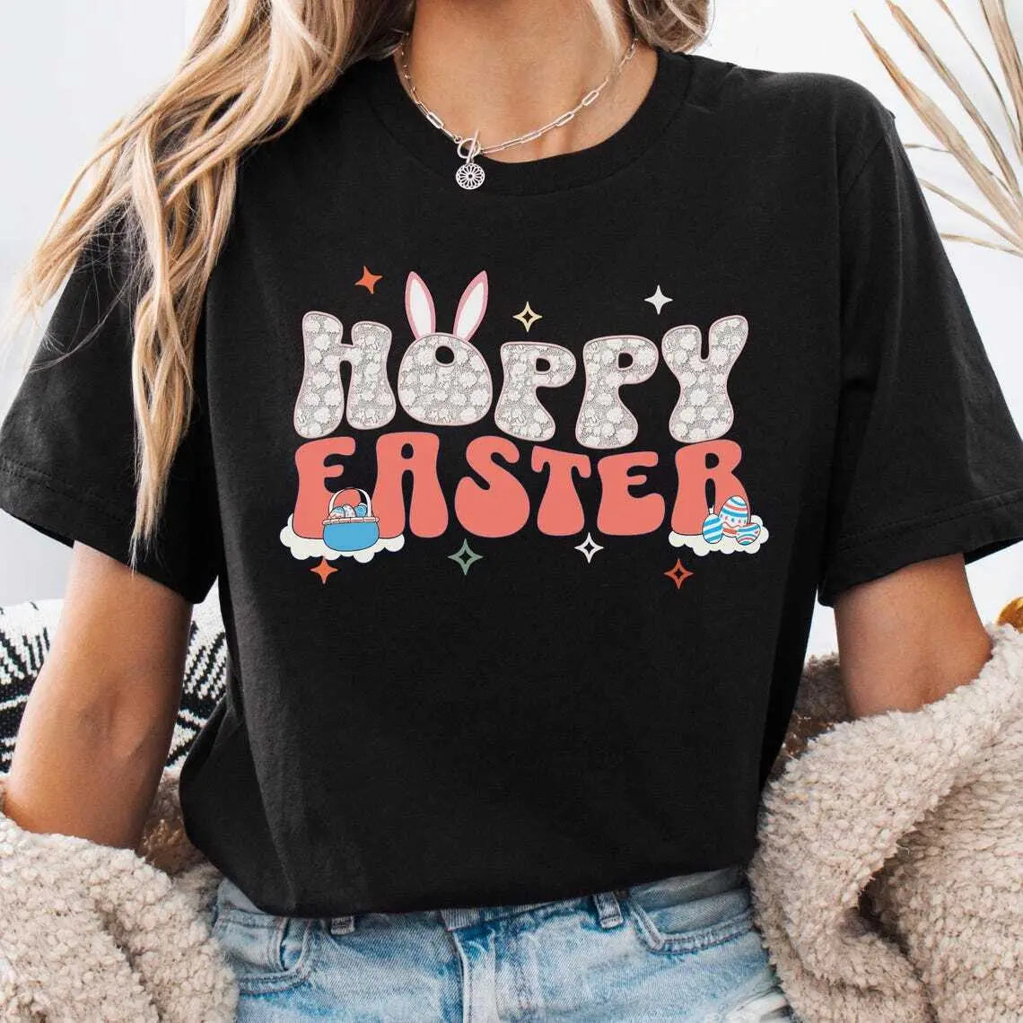 Hoppy Easter Matching T-Shirt for Mom & Daughter ,White Lace Lettering Happy Bunny Easter T-Shirt – Cute Pastel Easter Outfit
