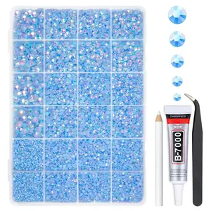 Light Blue AB Resin Rhinestones w B7000 Jewelry Glue for Bedazzling Crafting 2mm-6mm Flatback Jelly Stones Diamonds Gems Bedazzler Kit Charms for Nails Face Makeup Tumblers Bottles Crafts Shoes