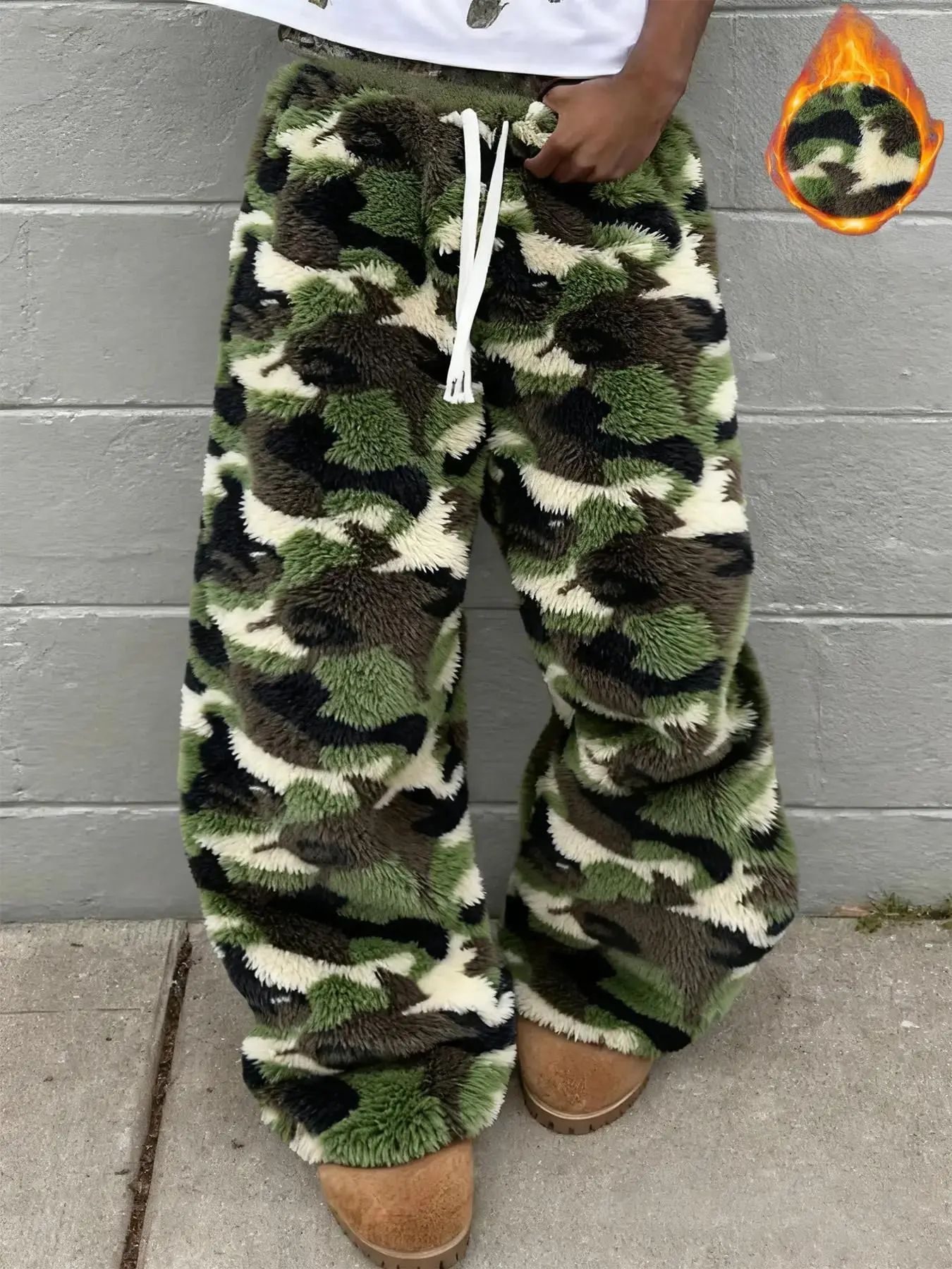 Unisex Street Style Camo Fleece Pants, Soft Rabbit Fur Fabric, Fall & Winter Warm Comfort, Hip-Hop Fashion, Daily & Outdoor Wear