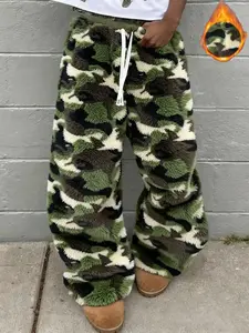 Unisex Street Style Camo Fleece Pants, Soft Rabbit Fur Fabric, Fall & Winter Warm Comfort, Hip-Hop Fashion, Daily & Outdoor Wear