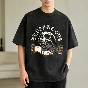 Men's Vintage Washed T-Shirt Trust No One Skull Hand Oversized Graphic Tee Outdoor Casual Short Sleeve