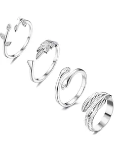 4Pcs Silver Adjustable Rings for Women Open Finger Rings Leaf Ring Hug Ring Moon Star Ring Feather Ring Set Thumb Rings for Women Men