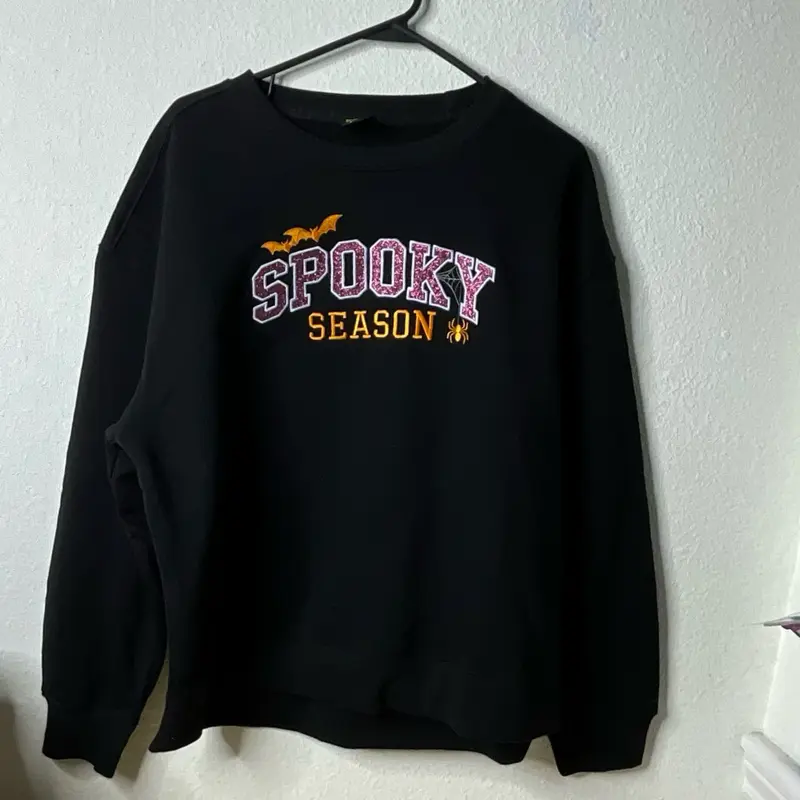 Large women’s sweater Spooky Season Halloween theme Embroidery Applique with purple glitter