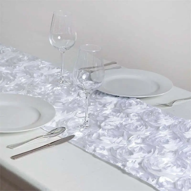 14"x108" White Rosette Smooth Satin Table Runner - Premium Kitchen Linen, Modern Decorations for Wedding, Dining Table Household Event Accent