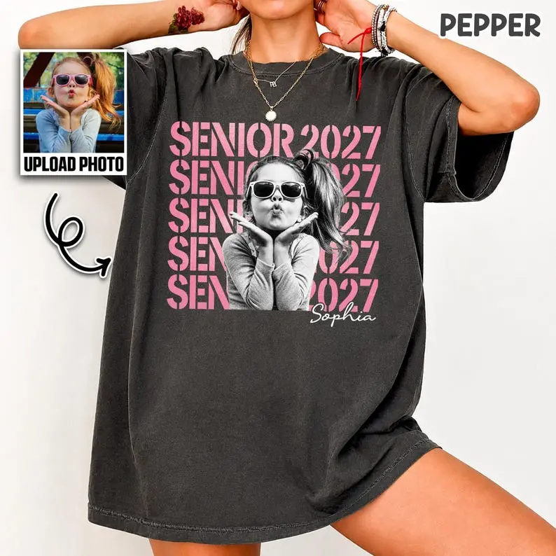 Comfort Colors Custom Name and Photo Senior 2027 Shirt, Personalized Photo Graduation T-Shirt, Class of 2027 Graphic Tee, Graduation Gift, Senior Keepsake