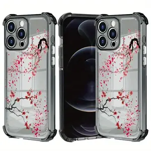 Electroplated Four Corner Anti-Fall Cherry Blossom Flower Pattern Phone Case,phone Case Suitable for Iphone 11/12/13/14/15/16/17 Pro Promax Plus Air and Samsung S22/S23/S24/S25 Plus Ultra Fe,Shockproof Transparent Protective Cover, Accessories, Smartphone