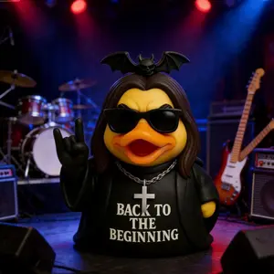 Ozzy Osbourne Theme Rubber Duck, Gothic Metal Collectible, Includes Bat Wings and Sunglasses, Unique Decorative Item for Fans