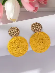 Handwoven Yellow Raffia & Gold-Tone Metal Drop Earrings, Boho Summer Statement Earrings for Women, Casual Trendy Jewelry, Tropical Round Design, Lightweight & Comfortable, Beach Vacations, Festivals, Daily Wear, Trendy Vacation Jewelry