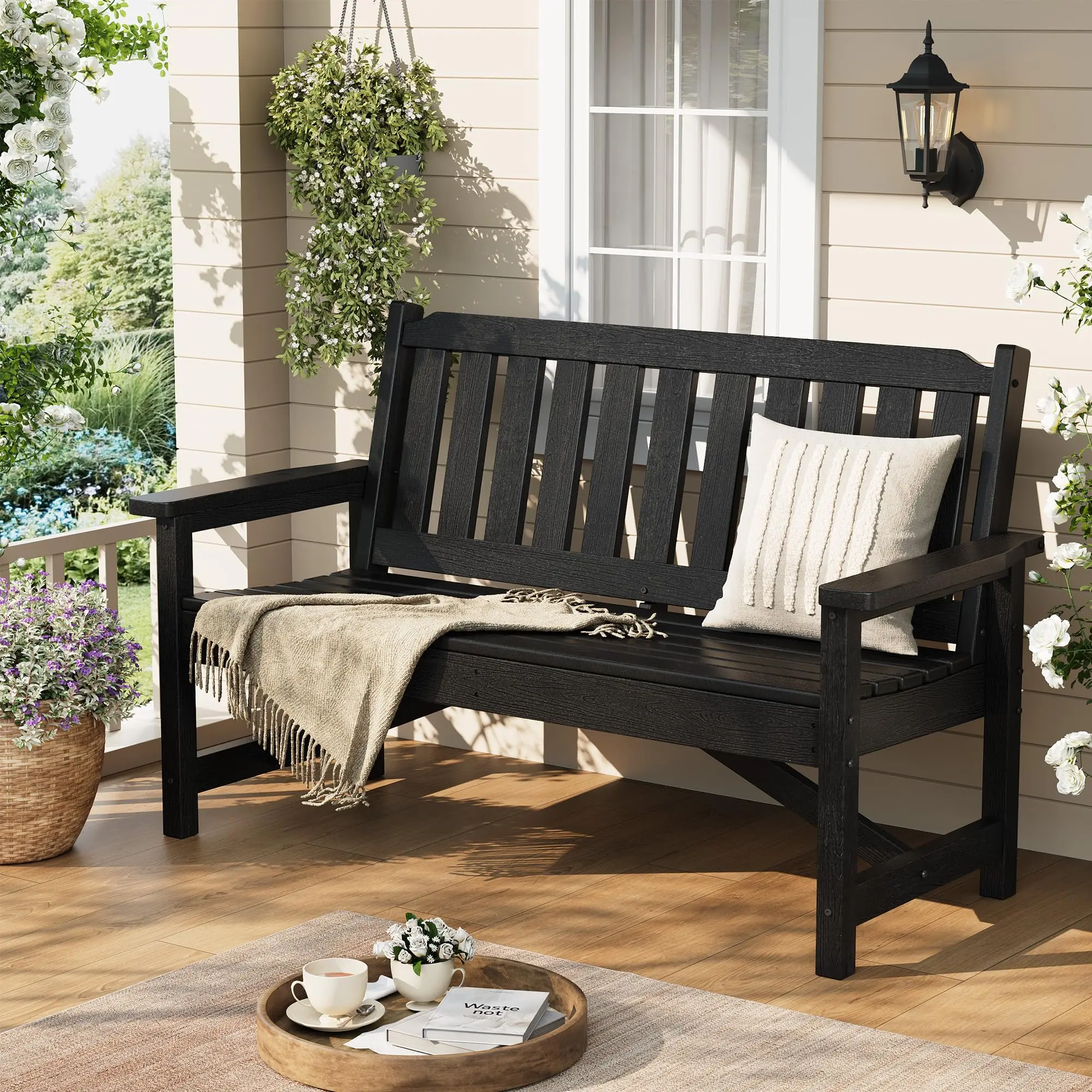 52" Outdoor Bench for Patio, HDPE Weatherproof 2-Person Park Bench for Outside, Heavy Duty 600 Lbs Capacity, Poly Seating for Backyard, Porch, Garden