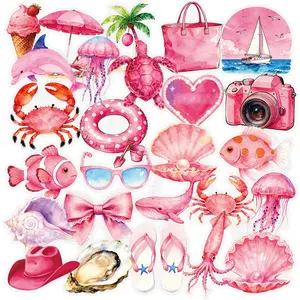 56pcs Pink Girly Vacation Transparent PET Material Graffiti Stickers, Suitable for Suitcases, Phone Cases, Laptops, Helmets, Skateboards, Waterproof Decoration, DIY Creative Stickers, Accessories