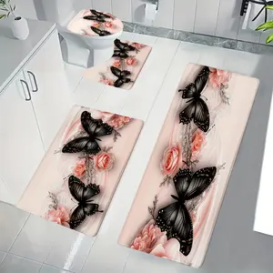 3/4pcs 2D Creative Pink Rose Black Butterfly Pattern Printed Bathroom Protective Mat,Purchase Non Slip Bathroom Mats with Flannel Bathroom Mats,Bathroom Floor Mats,Soft and Comfortable,Christmas Home Decoration,  Floral Design, Stylish Bathroom, Soft
