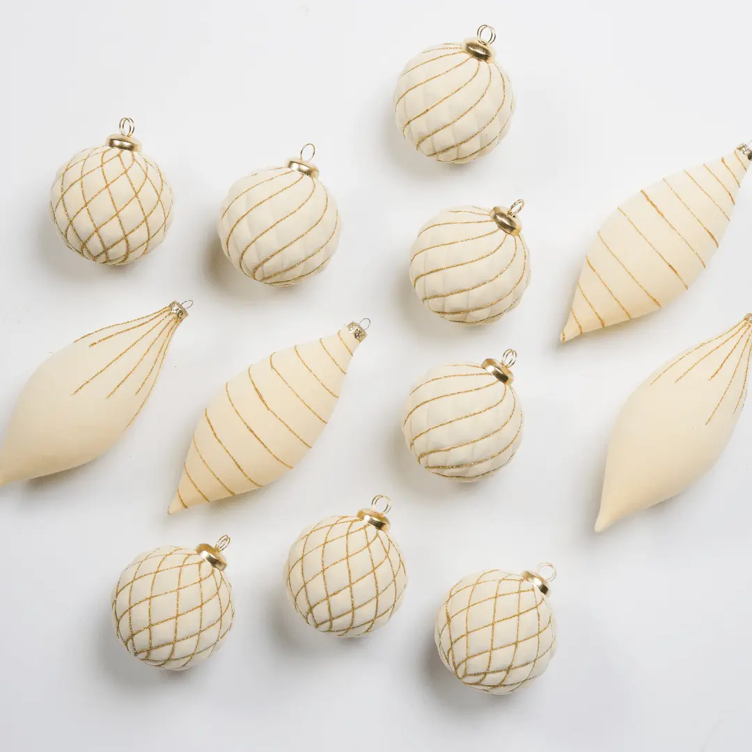 Cream Flocked Shatterproof 12-Piece Ornament Set
