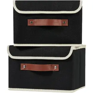 2PCS Storage Boxes with Lid Cotton Linen Fabric Storage Bins Organizer Container Decorative Collapsible Washable Shelf Closet Baskets Faux Leather Handles Home Bedroom Black Small Size