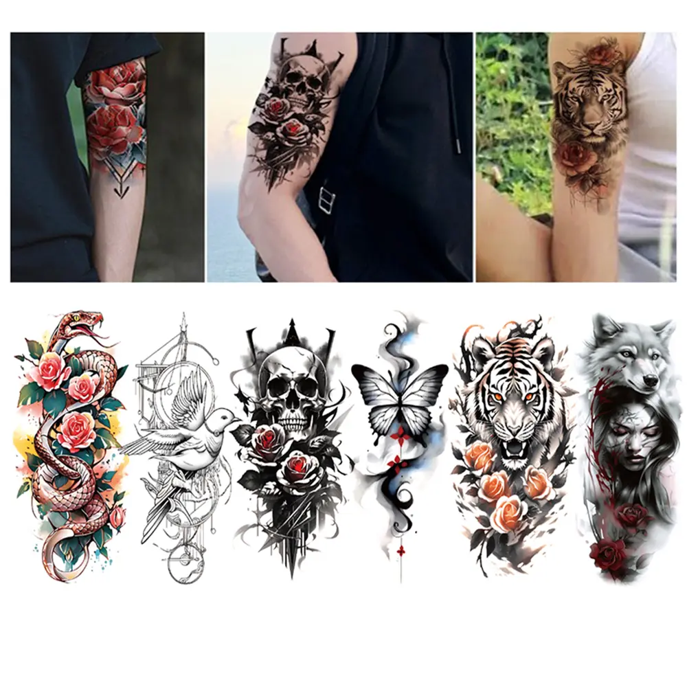 Body Fake Tattoos, 6 Sheets of Waterproof Stick-on Body Art for Arms, Legs & Back, Non-Toxic Flower & Animal Designs for Women and Men, Temporary Fake Tattoos, Non-Toxic Temporary Tattoos