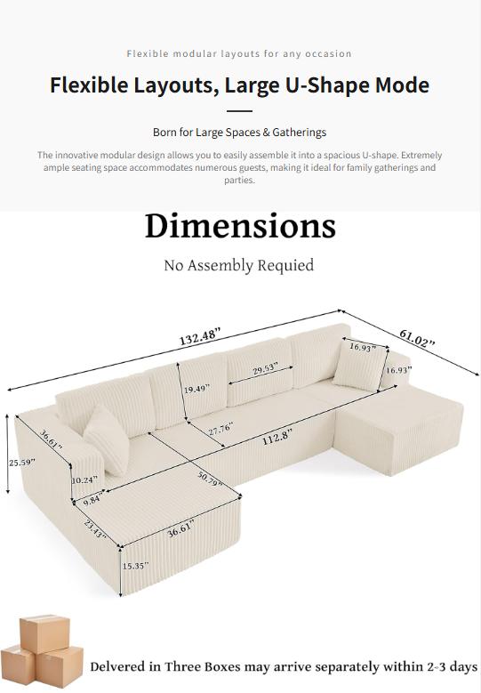 [2 Packs Shipped] Niccae U-Shaped Modular Sectional Sofa - 132.5" Corduroy Upholstered 5-Seat Oversized Living Room Furniture, No-Assembly-Required Modern Couch with 2 Pillows for Living Room, Upholstered Sofa Couch
