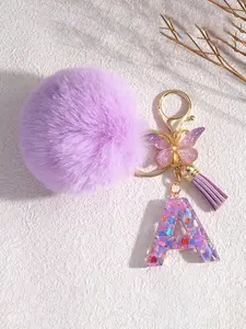 Women's Fuzzy Butterfly Keychain, Keychain For Bags, A-Z Initial Charm Pendant, Crystal Heart Letter Bag Gift, Sexy Style, No Warning