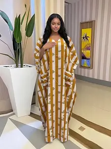 African Style Traditional Fashion Plus Size Women Striped Print Boubou Kaftan V Neck Pocket Long Robe, Loose Fit Casual Daily Dress