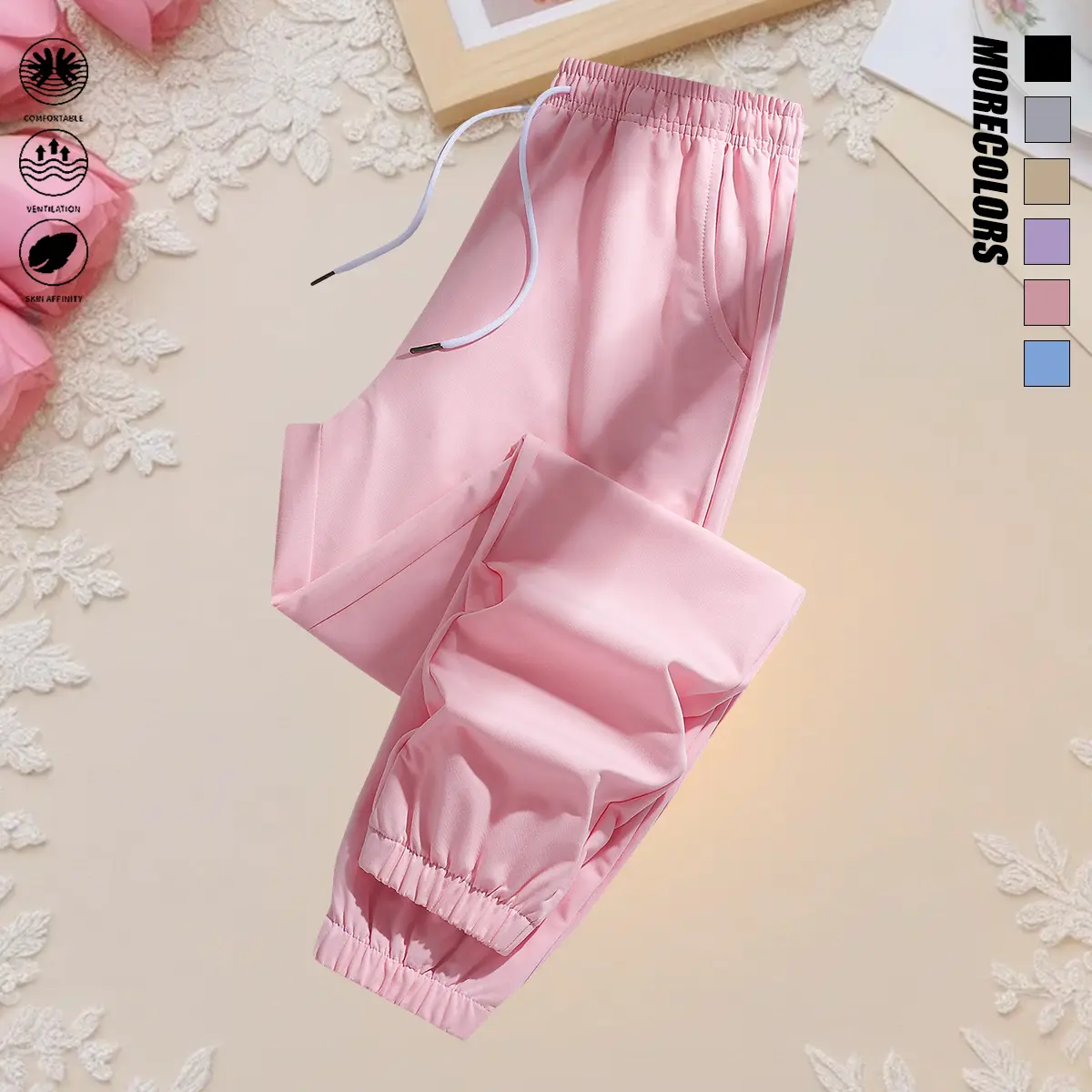 Women’s long pants with an elastic waistband and drawstring, elastic cuffs at the legs, solid color and minimalist design—suitable for outdoor sports, gym workouts, commuting to work, and other women’s bottoms.