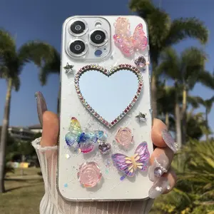 Butterfly & Flower Pattern Phone Case, Rhinestone Decor Phone Protective Cover, Phone Accessory Compatible with iPhone 16 15 14 13 12 11 Pro Max