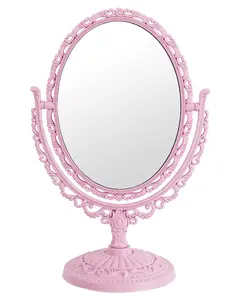 Pink Vintage Mirror| 360° Rotating-Sided Table Makeup Mirror with Stand Bedroom Decoration Perfect for Tabletop, Desk, Or Makeup Station