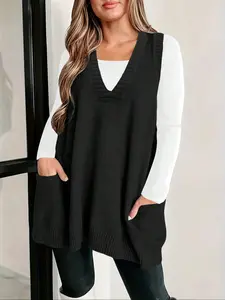 Plus Size Women's Solid Color V-Neck Sleeveless Knit Sweater Vest with Pockets, Casual Fashion Chic Oversized Loose Fit Pullover Top, Sping Fall Wear, Daily Clothing