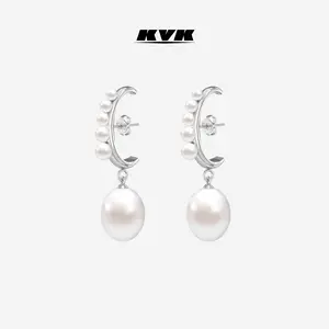 KVK Cloud Series C-Shaped Pearl Earrings - Platinum Color
