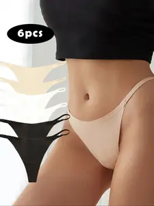 6 Pack Lot Women's Seamless Thongs Ice Silk String Tanga Woman Solid Elegant Thong Panties, Soft G-string Underwear