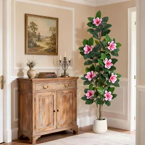 Faux Rubber Tree, 72 Inch Artificial Plants Indoor with Real Touch Leaves and Multi Trunks, Artificial Tree Fake Potted Plants with Pink Flowers for Home Decor Office Living Room