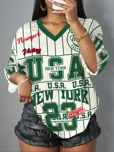 Women's Y2K Striped Mesh Letter Print Breathable Sports Tee, Fitted V-Neck Digital Print Top for All Seasons Athletic Sports Clothing