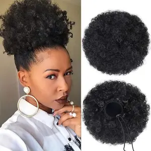 Human Hair Extensions in a Kinky Curly Afro Puff Style, Featuring a Drawstring Ponytail Design with Two Clips for a Secure Fit. These Voluminous Extensions Provide a Natural Appearance And Are Easy to Attach
