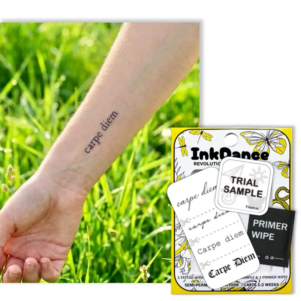 InkDance Semi-Permanent Tattoo, Carpe Diem, Long Lasting Temporary Tattoos for Women & teens, Waterproof Plant-Based Ink, Lasts 1-2 Weeks, Color Develops in 24 Hours X262, Set of 4
