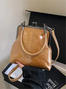 Women's Solid Color PVC Handbag, Fashionable Kiss Lock Design with Long Strap, Casual Trendy Versatile High-quality Daily Commuting Bag, Fashionable Bags, Handbag Shoulder Bag
