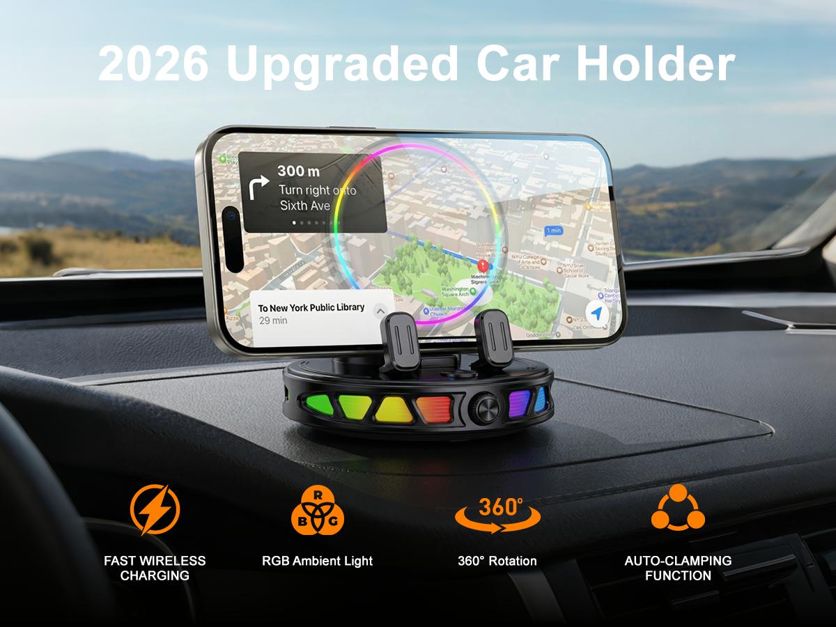 15W 360° Rotating Wireless Car Charger Phone Mount with Ambient RGB Light, Adjustable Suction Cup Holder for Dashboard & Windshield