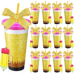 Skylety 12 Sets/24 Pcs Teacher Appreciation Gift Bulk Include 12 Pcs 24 oz Reusable Pencil Plastic Coffee Cup with Lids Straws Teacher Appreciation Week Gifts with 12 Glitter Keychains